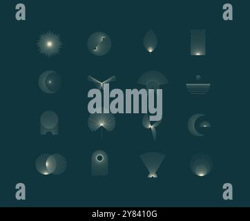 Geometrische Formen und Symbole mit dünnen Linien in abstraktem Stil auf dunklem türkisfarbenem Hintergrund Stock Vektor