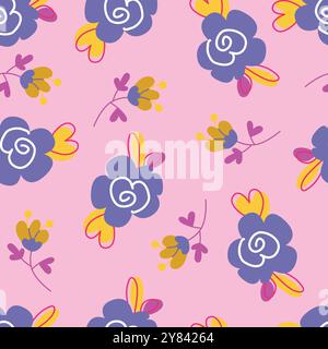 Nahtloses Blumenmuster für Mädchen für Kinder. Baby-rosafarbenes Muster mit Blumen für Textilien, Tapeten, süßes nahtloses Mädchenschmuck. Handgezeichnet niedliches V Stock Vektor