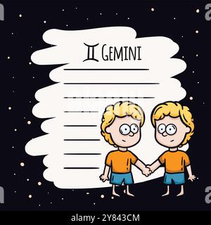 Notizblock-Seitenvorlage mit Sternzeichen „Gemini“. Astrologische Symbole des Horoskops. Karte für Textwünsche, Vorhersagen Stock Vektor