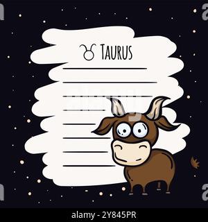 Notepad-Seitenvorlage mit Stier-Sternzeichen. Astrologische Symbole des Horoskops. Karte für Textwünsche, Vorhersagen Stock Vektor