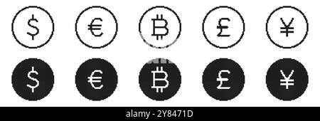Pixel Art Dollar, Euro und Bitcoin Icons Set. Sammlung Gepixelter Währungssymbole Im Retro-Stil. Abbildung Des Isolierten Vektors Stock Vektor
