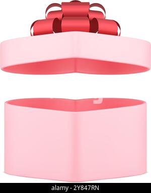 Rosa elegante romantische offene Geschenkbox Herzform für Geburtstag 3D Icon realistische Vektor-Illustration. Pastellpräsent-Paket mit rotem, luxuriösem Schleifenband Stock Vektor
