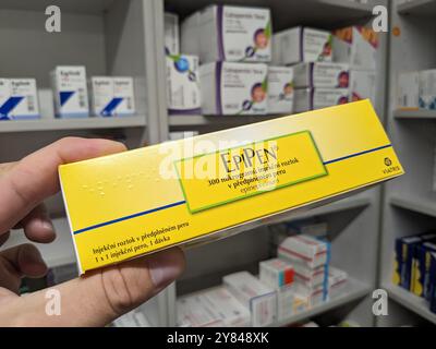 EPIPEN Packung mit dem Wirkstoff Epinephrin von Mylan, zur Behandlung von Anaphylaxie, schweren allergischen Reaktionen, anaphylaktischem Schock Stockfoto