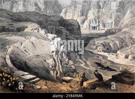 Handgetönte Gravur von Petra in Jordanien mit dem Amphitheater und den Nabatäergräbern in der Antique 1776 Edition der National Illustrated Family Bible the Stockfoto