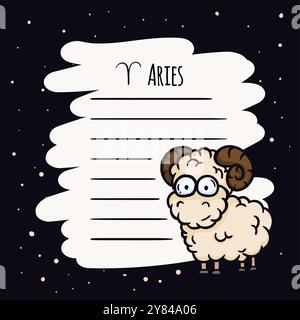 Notepad-Seitenvorlage mit Sternzeichen Aries. Astrologische Symbole des Horoskops. Karte für Textwünsche, Vorhersagen Stock Vektor