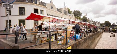 Straßenszene mit Menschen, die an einem sonnigen Tag im historischen Stadtzentrum der Hanseatic Deventer auf dem lokalen Buchmarkt spazieren Stockfoto