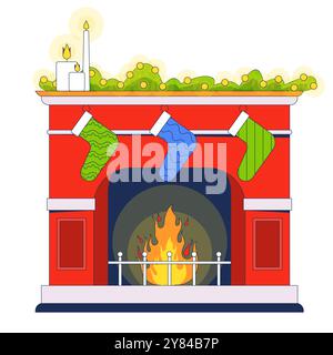 Weihnachten Kamin Strümpfe hängen 2D-Zeichentrickobjekt Stock Vektor