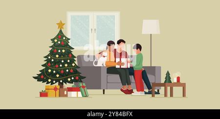 Glückliche Familie feiert Weihnachten zu Hause zusammen: Die Mutter schenkt ihrem Kind eine große Geschenkbox und der Vater umarmt sie Stock Vektor