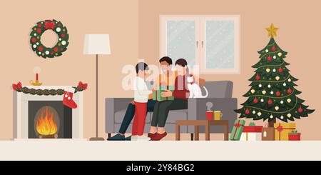 Glückliche Familie feiert Weihnachten zu Hause zusammen: Die Mutter schenkt ihrem Kind eine große Geschenkbox und der Vater umarmt sie Stock Vektor