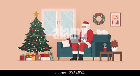 Der moderne Weihnachtsmann arbeitet zu Hause, sitzt auf der Couch und tippt auf seinem Laptop Stock Vektor