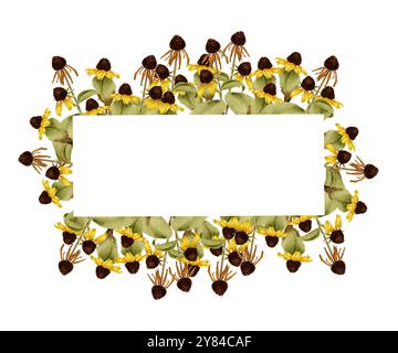 Herbstliche gelbe Blüten und grüne Blätter Zweige, getrocknete Blüten auf weiß. Herbst Aquarell Illustration für Thanksgiving, Erntefest, Halloween Party Dekoration. Stockfoto