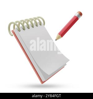 Roter Bleistift auf einem leeren Notizblock isoliert auf weißem Hintergrund. 3D-Abbildung. Stockfoto