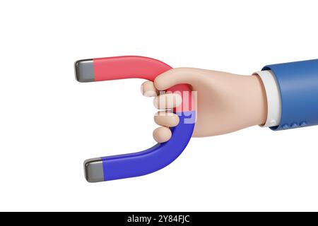 Cartoon Hand hält einen Magneten isoliert auf weißem Hintergrund. 3D-Abbildung. Stockfoto