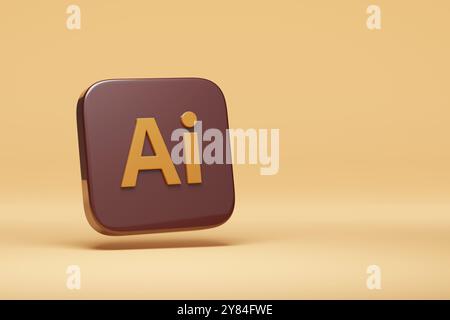 Buenos Aires, Argentinien – 25. September 2024: Dreidimensionales Adobe Illustrator-Logo mit Kopierraum auf blauem Hintergrund. 3D-Abbildung. Stockfoto