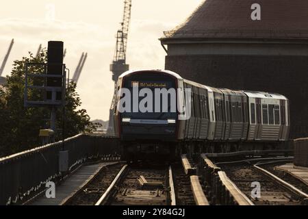 U-Bahn, Hamburger Verkehrsverbund HVV, Nahverkehr, Bahnstrecke im Abendlicht mit fahrendem Zug der U-Bahn-Linie U3 am Bau Stockfoto