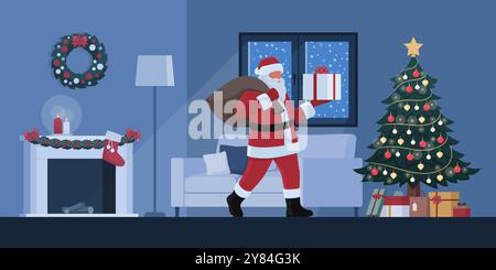 Glücklicher Weihnachtsmann, der zu Hause Geschenke liefert, läuft nachts in einem Wohnzimmer und hält ein Weihnachtsgeschenk Stock Vektor