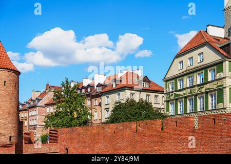 Malerischer Blick auf historische Gebäude mit roter Ziegelmauer im Vordergrund Stockfoto
