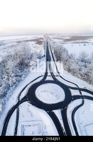 Kreisverkehr mit schneebedeckten Straßen und Bäumen in einer weiten Winterlandschaft, Allee, Reichenau, Bodensee, Baden-Württemberg, Deutschland, Europa Stockfoto