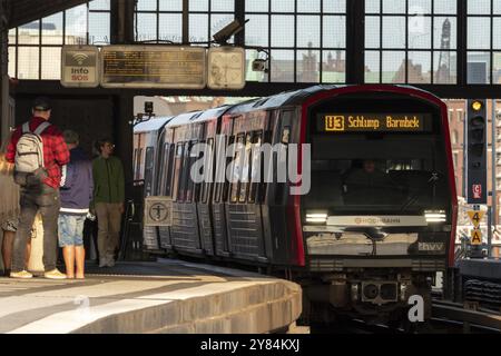 U-Bahn, Hamburger Verkehrsverbund HVV, Nahverkehr, Zug der U-Bahn-Linie U3 am Eingang am Bahnsteig der Baumwall-Haltestelle Ha Stockfoto