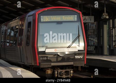 U-Bahn, Hamburger Verkehrsverbund HVV, Nahverkehr, Zug der U-Bahn-Linie U3 am Bahnsteig des Bahnhofs Baumwall, Hamburg, Deutschland, E Stockfoto