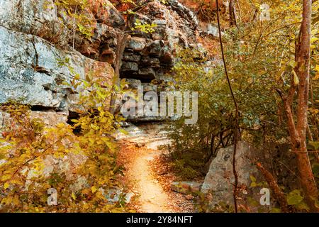 Herbstszene mit Wanderweg durch den Wald umgeben von Felsformationen. Die Herbstblätter zeigen satte Gelb-, Gold- und Grüntöne. Stockfoto