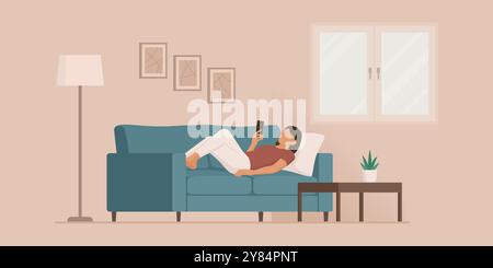Frau, die zu Hause auf der Couch liegt, entspannt sich und verbindet sich online mit ihrem Smartphone Stock Vektor