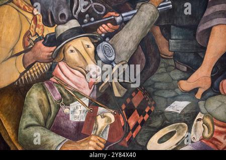 MEXIKO-STADT, Mexiko – Teil eines Fresko-Wandgemäldes von Diego Rivera aus dem Jahr 1936 mit dem Titel „Karneval des mexikanischen Lebens“ (Karneval de la vida mexicana). Im Palacio de Bellas Artes befindet sich das mexikanische Nationaltheater. Das Äußere ist eine Mischung aus klassizistischem und Jugendstil und das Interieur im Art déco-Stil. Es gilt weithin als das schönste Gebäude in Mexiko-Stadt. Es stammt aus dem frühen 20. Jahrhundert und befindet sich im historischen Stadtteil Centro von Mexiko-Stadt, das zum UNESCO-Weltkulturerbe gehört. Stockfoto