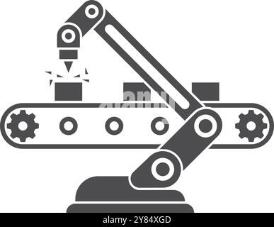 Schwarzes Symbol für automatischen Arm am Industrieförderer. Werkseitige Robotisierung Stock Vektor