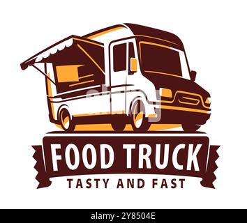 Emblem oder Logo von Food Truck. Symbol für Restaurant, Diner Street Service. Vektorabbildung Stock Vektor
