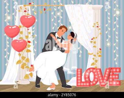 Bräutigam küssende Braut für romantische Fotoaufnahmen Stock Vektor