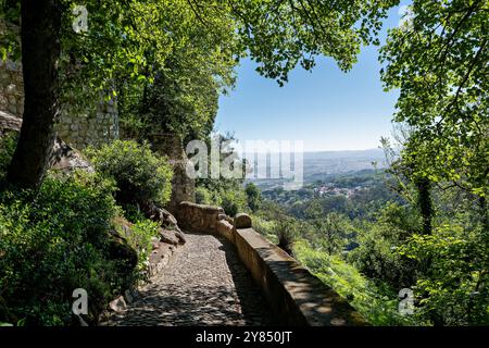 SINTRA, Portugal – der Steinweg, der zum Eingang der maurischen Burg (Castelo dos Mouros) in Sintra führt, schlängelt sich durch das zerklüftete Gelände. Dieser mittelalterliche Pfad bietet Besuchern einen Einblick in die Verteidigungsanlage der Festung und bietet einen Panoramablick auf die umliegenden Sintra Berge und die fernen Landschaften. Stockfoto