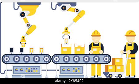 Förderband mit Werkingenieuren. Konzept der Werkslinie Stock Vektor