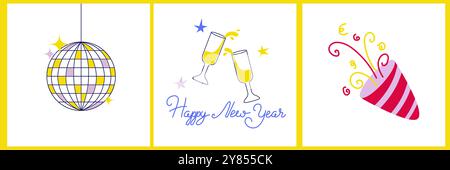 Karten für ein glückliches neues Jahr im flachen Stil. Discokugel, Champagner und Feuerwerkskörper. Partyelemente. Flache Vektorabbildungen. Stock Vektor