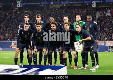 Leipzig, Deutschland. Oktober 2024. Das Startelf von Juventus für das UEFA Champions League Spiel zwischen RB Leipzig und Juventus in der Red Bull Arena in Leipzig. Quelle: Gonzales Photo/Alamy Live News Stockfoto