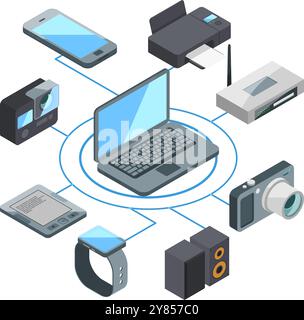 Isometrische Computer-Ökosystem-Geräte Netzwerk-Symbolgruppe Stock Vektor