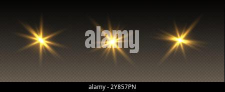 Sonnenlinsenflackern, strahlender Sonnenschein mit Strahlen, funkelnder Blitz, helle kosmische Explosion. Stock Vektor