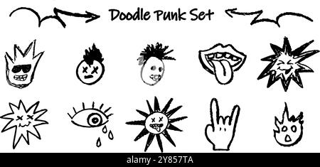 Set aus Doodle-Punkkopf, Ziegengeste, Wolke. Sammlung von Vektorschwarz Holzkohle Umriss Gesicht handgezeichnete Humor Emotionen. Grafitti-Wachs im Retro-Rock-Stil Stock Vektor