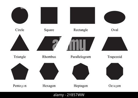 Illustration für schwarze grundlegende geometrische Formen mit Kreis, quadratischem Rechteck Oval, Dreieck Rautenform isoliert auf weißem Hintergrund Stock Vektor