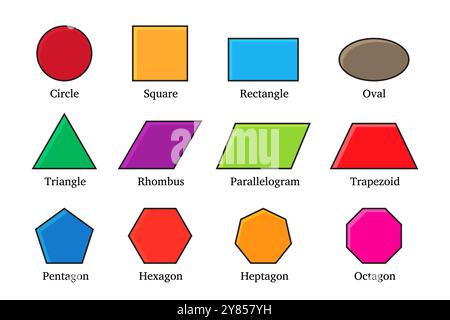 Bunte grundlegende geometrische Form-Illustration mit Kreis, quadratisches Dreieck Rautenformen isoliert auf weißem Hintergrund für Kinder Stock Vektor