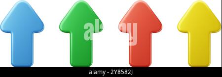 Pfeil 3D-Symbol. Navigation nach oben, unten und rechts oder links. Mauszeiger in den Farben Blau, Gelb und Rot. Vektorzeichen des Seitenzeigers für Infografik. Stock Vektor