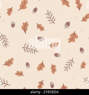 Nahtloses Vektormuster mit Eicheln und herbstlichen Eichenblättern in Creme weiß, Beige, Braun. Vektorabbildung Stock Vektor