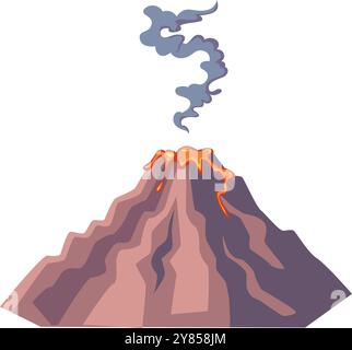Vulkanischer Felskrater mit heißer Lava und Rauchausbruch Stock Vektor
