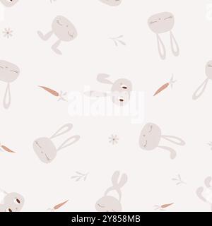 Nahtloses Vektormuster mit niedlichen Häschen Gesichtern und Karotten, die auf cremeweißem Hintergrund geworfen werden. Vektorabbildung Stock Vektor