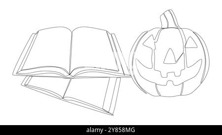 Eine durchgehende Buchreihe mit Halloween Jack O' Lantern. Vektorkonzept für die Darstellung dünner Linien. Konturzeichnung kreative Ideen. Stock Vektor