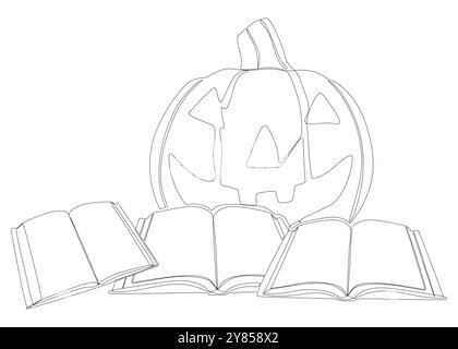 Eine durchgehende Buchreihe mit Halloween Jack O' Lantern. Vektorkonzept für die Darstellung dünner Linien. Konturzeichnung kreative Ideen. Stock Vektor