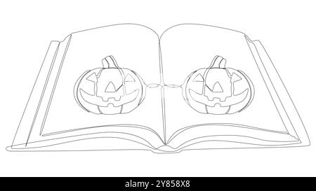 Eine durchgehende Buchreihe mit Halloween Jack O' Lantern. Vektorkonzept für die Darstellung dünner Linien. Konturzeichnung kreative Ideen. Stock Vektor