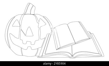 Eine durchgehende Buchreihe mit Halloween Jack O' Lantern. Vektorkonzept für die Darstellung dünner Linien. Konturzeichnung kreative Ideen. Stock Vektor