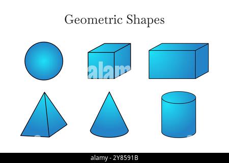 Blaue geometrische 3D-Formen von Kugel, Würfel, Quader, Pyramide, Kegel und Zylinder Stock Vektor