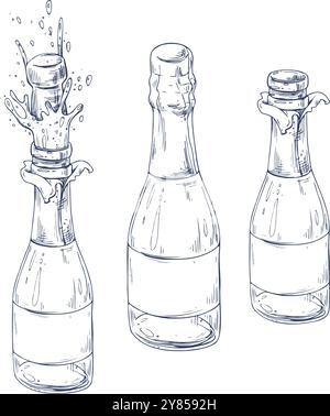 Grüne Glasflaschen mit Champagner, mit einem leeren weißen Etikett, offen, geschlossen und mit fliegendem Korken und Spritzern. Handgezeichnete grafische Abbildung Stock Vektor