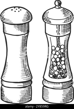 Pfeffer- und Salzstreuer-Gravur. Lebensmittelgewürzskizze Stock Vektor